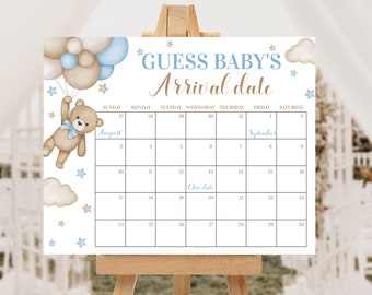 Arrival date Calendar - Editable - Bear Baby Shower - It's a Boy - Printable - 16x20 - 8x10 - Baby Shower Sign - Due date Calendar