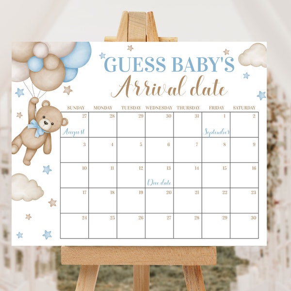 Arrival date Calendar - Editable - Bear Baby Shower - It's a Boy - Printable - 16x20 - 8x10 - Baby Shower Sign - Due date Calendar