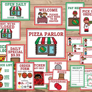 May include: A set of printable signs for a pretend pizza parlour play area. The signs include "Open Daily", "Sorry, We're Closed", "Welcome", "Pay Here", "Pick Up Order", "Slice £3.00", "Daily Special £9.99", "Price List", "Order Form", "Kitchen Staff Only", "Pans", "Boxes", "Pepperoni", "Receipt", and signs for different roles like "Customer", "Chef", "Waitress", and "Delivery".