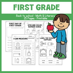 Puede incluir: Hojas de trabajo imprimibles en blanco y negro para estudiantes de primer grado. Las hojas de trabajo incluyen actividades como dibujar una imagen de ti mismo, contar bloques, etiquetar &uacute;tiles escolares y girar y colorear n&uacute;meros.
