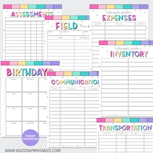 Op de afbeelding: Een verzameling kleurrijke, afdrukbare plannerpagina's met titels als "Beoordelingen", "Schoolreisjes", "Verjaardag", "Communicatie", "Kosten klaslokaal", "Inventaris" en "Vervoer". Elke pagina heeft een pastelkleurige kop en stippen.