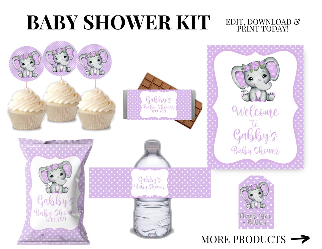 Editable Baby Shower Kit Printable Elephant Baby Girl Etsy