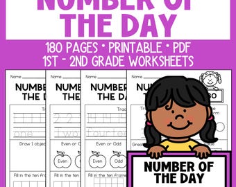 May include: A printable worksheet set for 1st and 2nd grade students. The worksheets are titled "Number of the Day" and include tracing numbers, drawing objects, and identifying even or odd numbers. The image features a cartoon girl holding a sign.