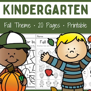 May include: A printable set of 20 kindergarten worksheets with a fall theme. The worksheets feature color by number, color by letter, and other activities. The worksheets are designed for children ages 5-6.