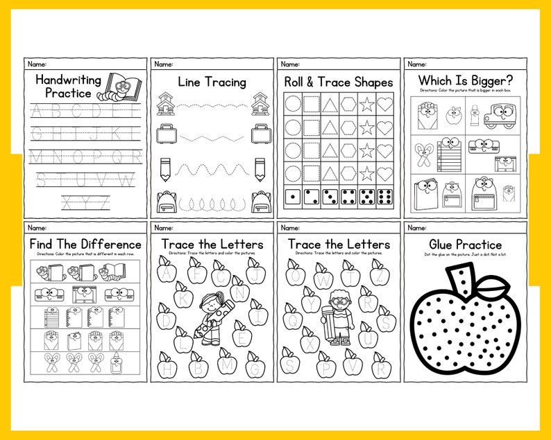 May include: Black and white printable worksheet for preschoolers with activities such as handwriting practice, line tracing, shape tracing, finding differences, tracing letters, and glue practice. The worksheet features a school theme with images of backpacks, apples, and pencils.