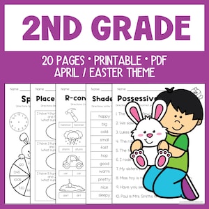 Könnte beinhalten: Ein ausdruckbares PDF-Arbeitsblatt für Schüler der 2. Klasse mit einem April/Ostern-Thema. Der lila Text oben lautet "2ND GRADE". Das Arbeitsblatt enthält Seiten zu Stellenwert, R-con, Schatten und Possessivpronomen. Ein Cartoon-Junge hält einen weißen Hasen.