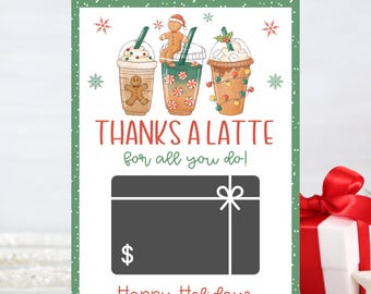 Op de afbeelding: Een vakantie-thema cadeaubon met een groene rand en de tekst "Thanks a Latte for all you do!" De kaart toont illustraties van drie feestelijke lattes en een cadeaubongebied. De woorden "Happy Holidays" staan onderaan.