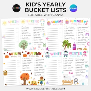 Kid&#39;s Bucket List Bundle - Editable - Printable - Kid&#39;s Checklist - Digital Download - Canva Template - Spring - Winter - Summer - Fall