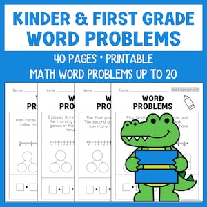 May include: Printable math word problems for kindergarten and first grade. The worksheets feature addition and subtraction problems up to 20, with a friendly alligator graphic. Includes 40 pages of exercises.