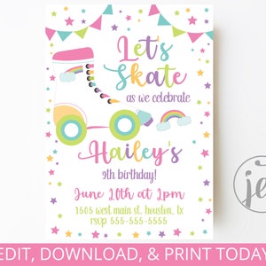 Skating party invitation - Printable - Editable - Birthday - Invitation template - Download