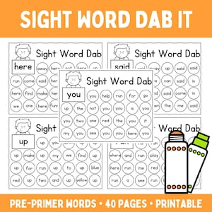 May include: Black and white printable worksheet with the words "Sight Word Dab It" at the top. The worksheet features a series of circles with sight words inside, such as "here", "said", "you", and "up".