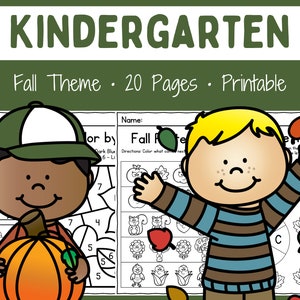 May include: Black and white printable worksheets for kindergarten students featuring fall themes. The worksheets include a color by number activity with a pumpkin and a pattern activity with leaves.