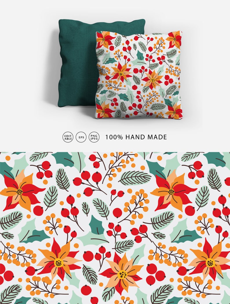 Winter seamless pattern Poinsettia digital background Christmas digital paper Hygge digital print Floral clipart Scandinavian Christmas