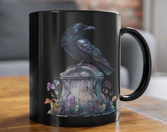 Whimsigoth Raven Grave Black Mug, Watercolor Magical Raven Whimsical Mug, Crow Mug, Goth Girl Gift