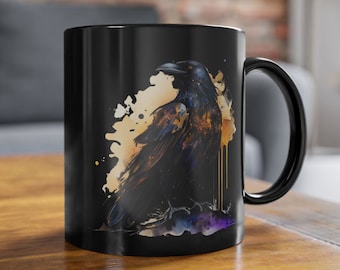 Whimsigoth Black and Gold Raven Mug, Watercolor Magical Raven Whimsical Mug, Crow Mug, Goth Girl Gift