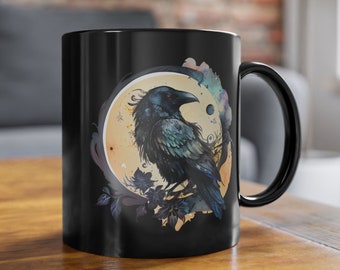 Whimsigoth Crow Black Mug, Watercolor Raven Whimsical Mug, Crow Mug.