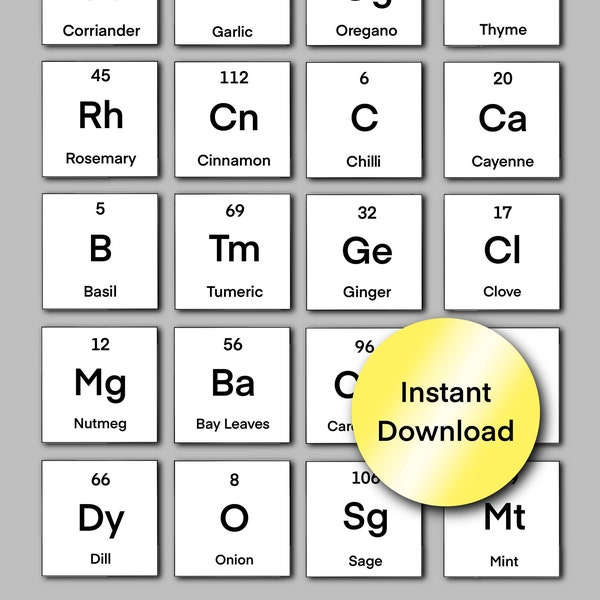 Étiquettes de pot d'épices d'éléments chimiques TÉLÉCHARGEMENT NUMÉRIQUE