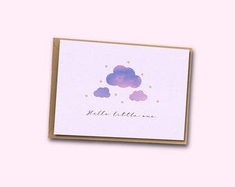 Hello Little One Pink Card | Baby Pregnancy Congratulations Greetings Card | Clouds Stars Pastel Sky