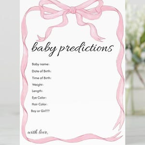 Babyvoorspellingskaarten, gender-onthullingsspel, leuke feestactiviteit, roze linten, babyshower aandenken, bewerkbare sjablonen