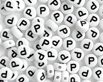 100 Letter P 7mm Acrylic Round White Alphabet Letter Beads