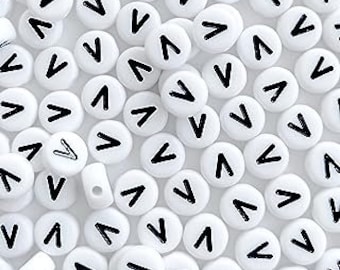 100 Letter V 7mm Acrylic Round White Alphabet Letter Beads