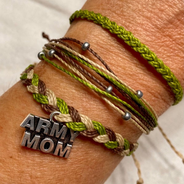 ARMY MOM or WIFE Charm Bracelet Set, Stackable String Charm Bracelet, Pura Vida Style Bracelet, Army Parent, Army Wife