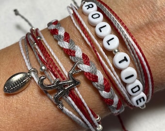 ALABAMA ROLL TIDE Charm Bracelet Set, Stackable String Charm Bracelet, Pura Vida Style Bracelet, Crimson Tide, University of Alabama Jewelry