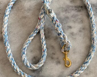 以下が含まれることがあります： 金色の金属製のクリップが付いた白と青のロープ製の犬のリード。ロープは編み込まれており、赤いアクセントが付いています。