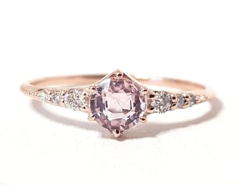 14k Solid Rose Gold Minimalistic Ring With Delicate Pink Spinel and VS White Diamonds