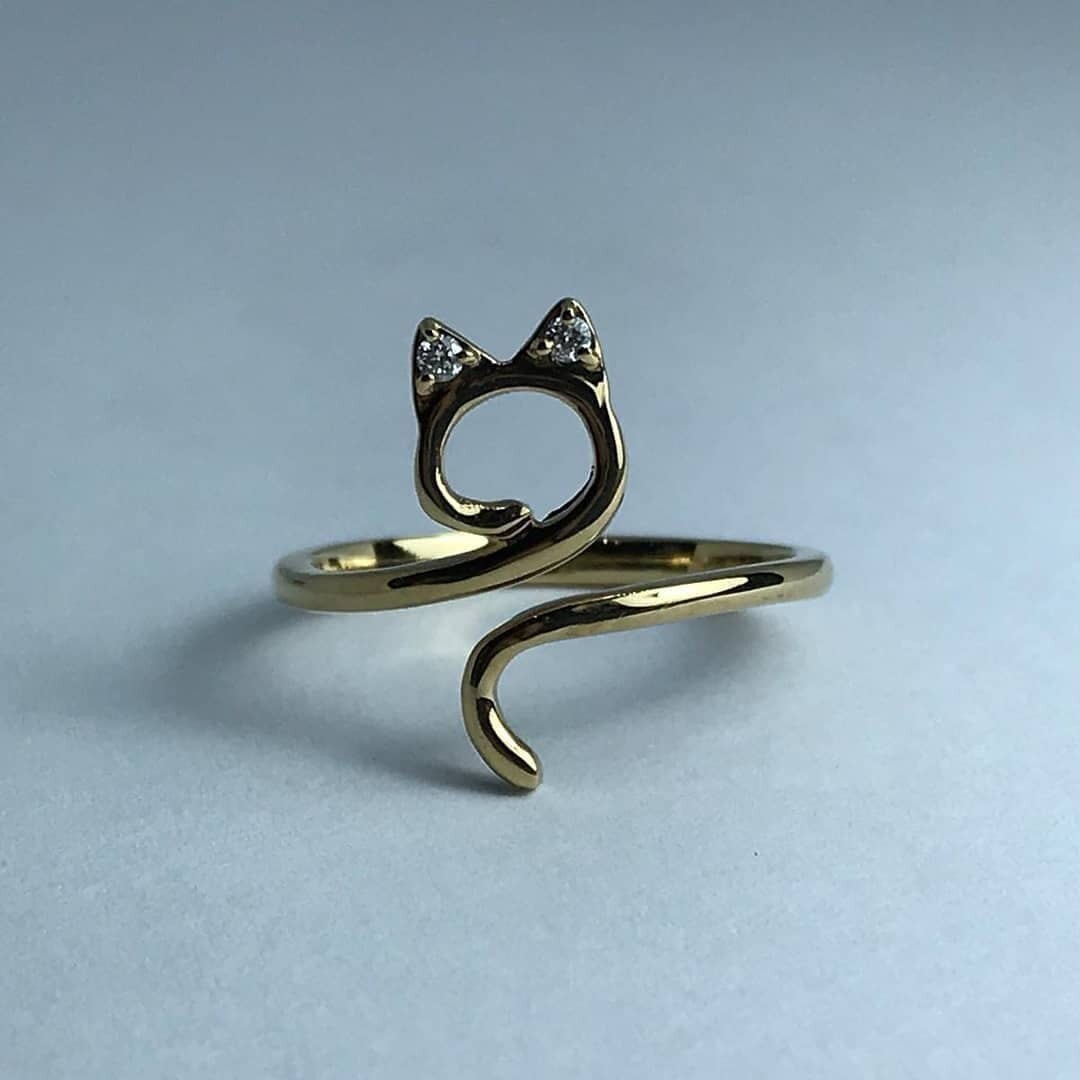 14k Solid Gold Cat Ring, 14k Gold Cat With Diamonds Ring, 14k Gold With