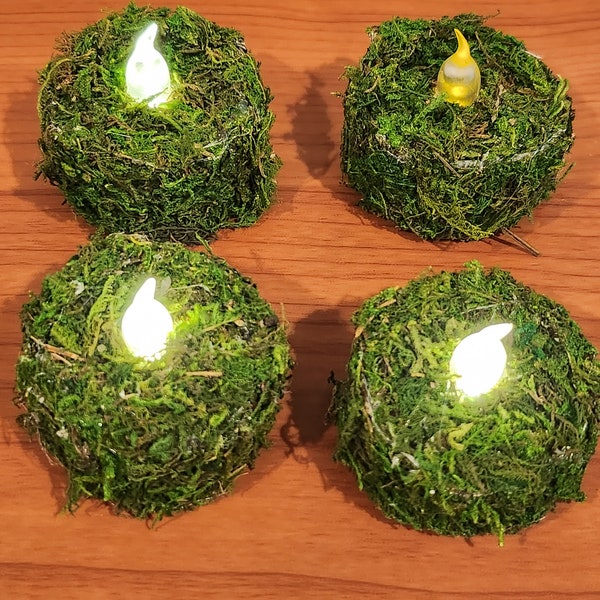 Moss Tealights set of four. Tea lights for Enchanted Parties, Weddings, Showers,  Centerpieces, Woodland candles, Forest Themed Decor, Fairy