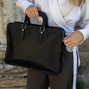 Porte-documents en cuir italien fait main | Sac d'affaires noir élégant | Cuir Vacchetta Toscane | Sac de bureau professionnel | Fabriqué en Toscane