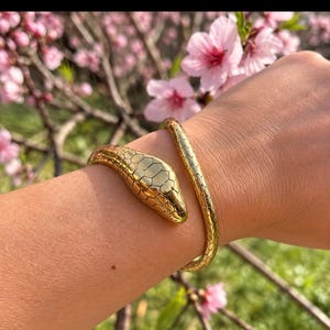 Può includere: Un bracciale in metallo color oro a forma di serpente avvolto. Il bracciale presenta un motivo a squame dettagliato e strutturato su tutta la superficie, con una testa di serpente liscia e ben definita a un'estremità.