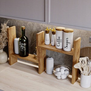 Wooden Spice Rack Countertop Spice Shelf Kitchen Storage Essential Oil Shelf for Wall Two colors image 2