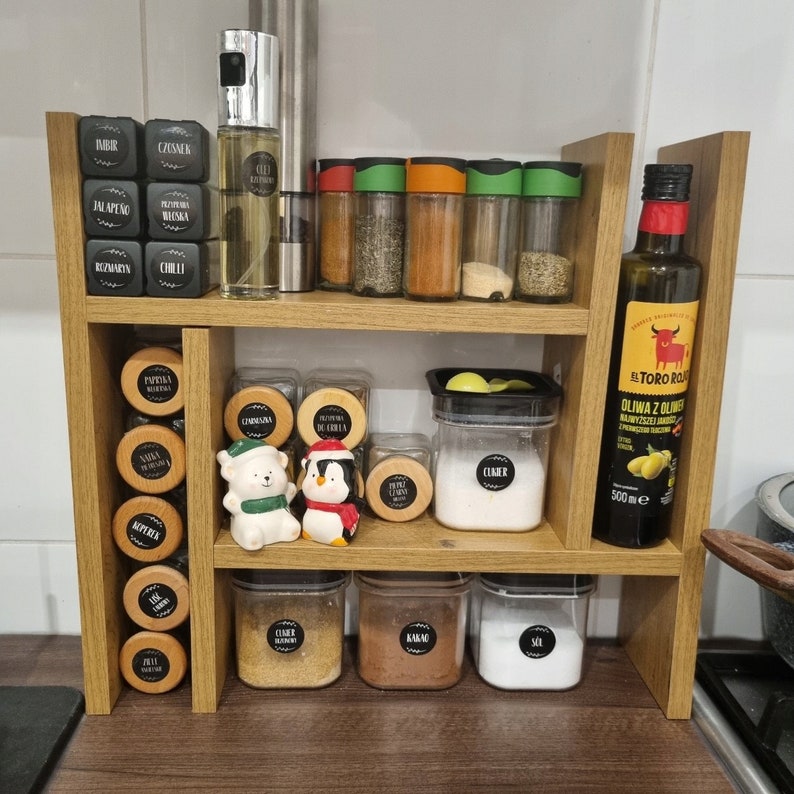 Wooden Spice Rack Countertop Spice Shelf Kitchen Storage Essential Oil Shelf for Wall Two colors image 1