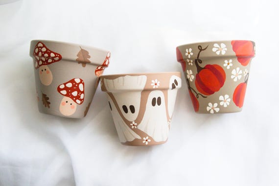 Halloween Pots | Mushroom Pumpkin Ghost | Pots for Indoor Plants | Hand Painted Terracotta Pot with Drainage Hole | Saucers | Pre-order