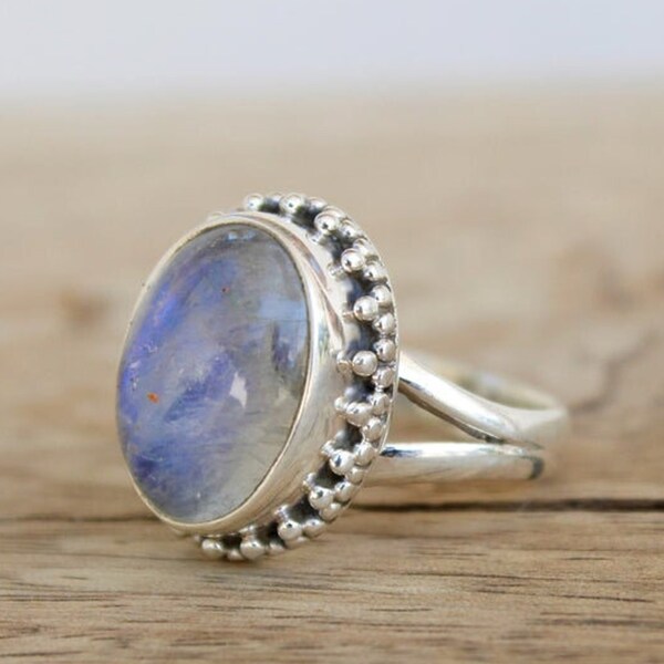 Natural Rainbow Moonstone Ring-Blue Fire Moonstone Ring-Handmade Silver Ring-925 Sterling Silver-Gift for her-Promise Ring-Anniversary Ring
