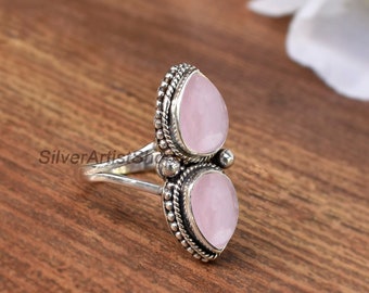 Rose Quartz Ring, Pink Rose Quartz Ring, 925 Sterling Silver Pear Rose quartz Ring, Handmade 925 Sterling Silver Pink Rose Quartz Rings