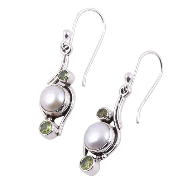 Peridot und Perle Sterling Silber Ohrring, baumeln Ohrringe Edelstein Schmuck, Perlen Ohrringe Schmuck, Geschenk für sie, schöne Ohrringe Schmuck