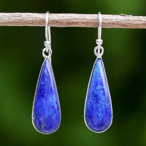 Lapis Lazuli Earrings, Sterling Silver Lapis Earrings, Pear Shape Stones, Navy Blue Gemstone Jewelry, Dangle & Drop