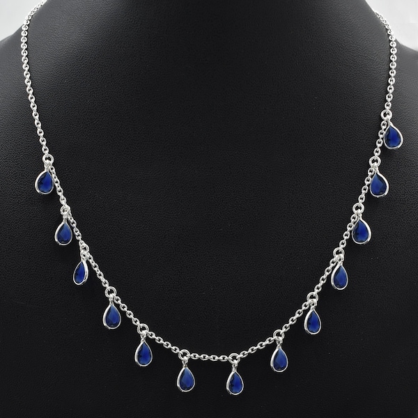 Blue Sapphire Necklace, Sapphire Quartz Necklace, 925 Silver Necklace, Dainty Wedding Necklace for Girls, September Birthstone Necklace,