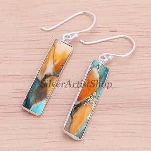 Oyster Copper Turquoise Rectangle Stone Solid 925 Sterling Silver Earrings For Women Handmade Silver Earrings For Wedding Anniversary Gift
