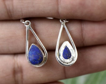 Lapis Lazuli Earrings, Lapis Lazuli Pear Gemstone, 925 Solid Silver