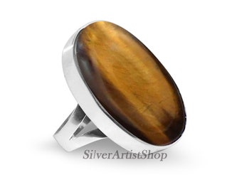 Tiger Eye Solid 925 Sterling Silver Ring For Women, Designer Handmade Oval Stone Ring For Her Wedding Jewelry, Tiger Eye Ring For Gift Idea