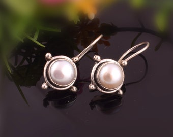 Boho Pearl Earrings, 925 Silver Earrings, White Stone Earrings, Handmade Earrings, Dangle Earrings, Bridal Earring, Engagement Earrings