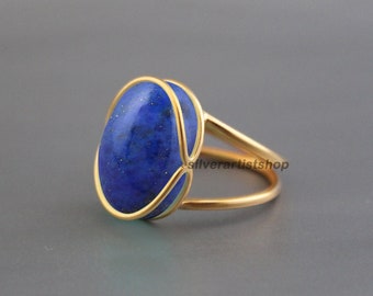 Lapis Lazuli Ring, 925 Sterling Silver, Handmade Ring, Oval Shape Blue Stone Double Band Gold Ring, Boho Ring, Wedding Anniversary Gift Ring