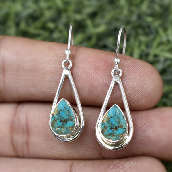 Boucles d'oreilles turquoise, boucles d'oreilles en forme de larme, boucles d'oreilles en argent massif 925, boucles d'oreilles turquoise en cuivre bleu, boucle d'oreille composite turquoise