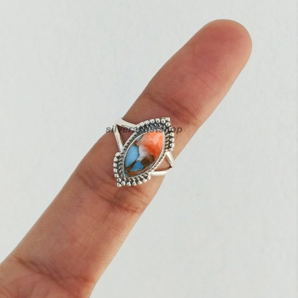 Spiny Oyster Turquoise Ring, 925 Sterling Silver Marquise Turquoise Ring, Handmade Turquoise Jewelry, Vintage Promise Ring, Valentine Gift