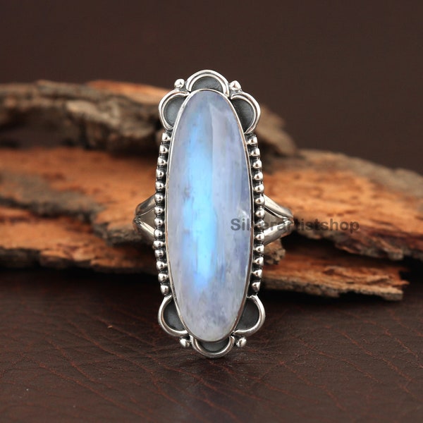 Moonstone Boho Ring - Rainbow Moonstone Sterling Silver Ring - Hand Crafted Bohemian Ring-Bohemian Ring - Oval Shape Moonstone ring ,Gift