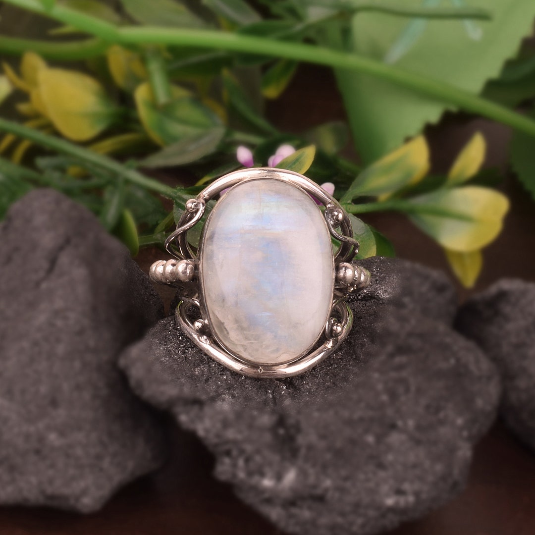 Natural Rainbow Moonstone Ring, 925 Sterling Silver Ring, Boho